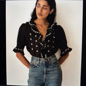 DOEN Sz XL Hettie Top in Black with Embroidered Flowers